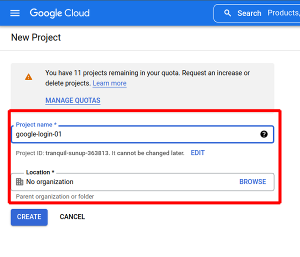 cloud console project name
